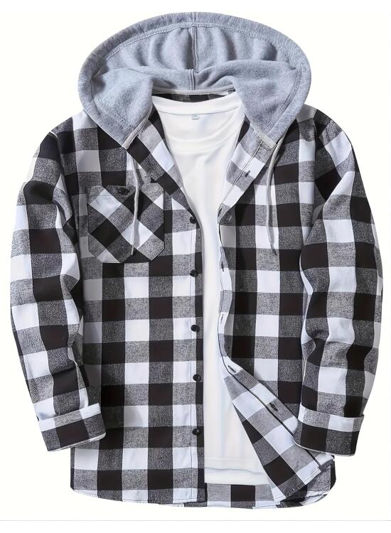 Camisa casual con capucha para hombre, con bolsillo en el pecho y cordón ajustable, elegante manga larga con botones