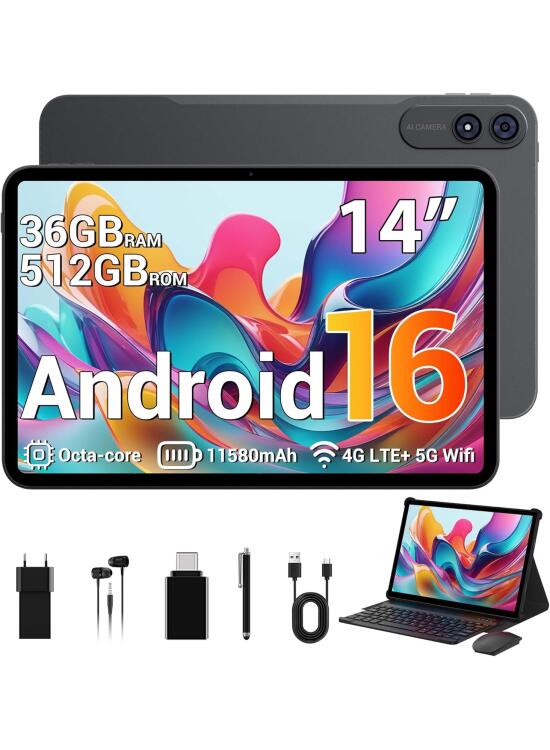 2026 Tablet 14 Pulgadas con Android 16, 36GB RAM+512GB ROM (Extensión 1TB), Octa-Core, 4G LTE/5G WiFi, Widevine L1, Gemini AI, 11580mAh,13MP+8MP, GPS/Tablet con Teclado(Gris)