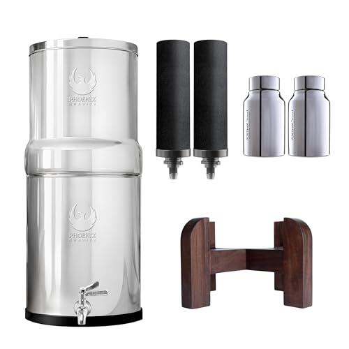 Phoenix Gravity-12 litros NSF/ANSI 42 y 372 filtro de agua de acero inoxidable con 2 cartuchos Smart Carbon (negro) y 2 cartuchos POSTreat Steel de eliminación de fluoruro, Free Tap y Stand