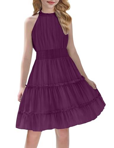 Arshiner Vestidos para Niña de Fiesta Elegante Corte A Informal Morado Niñas Vestido de Verano A La Moda con Cintura Sin Mangas Vestidos de Fiesta de Noche de Color Liso 9-10 Años