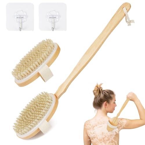 AOOSU 2PCS Cepillos de Cerdas Naturales para el Cuerpo, 43CM Cepillo Exfoliante Corporal con Mango Largo(Desmontable), Uso Seco y Húmedo para Eliminar Piel Muerta Mejora, Funciones Linfáticas(Oval)