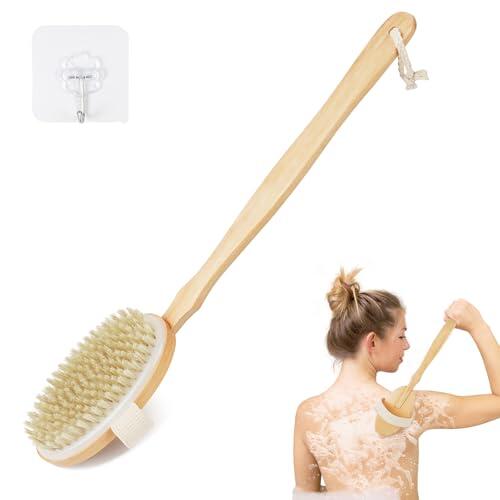 AOOSU Cepillos de Cerdas Naturales para el Cuerpo, 43CM Cepillo Exfoliante Corporal con Mango Largo(Desmontable), Uso Seco y Húmedo para Eliminar Piel Muerta Mejora, Funciones Linfáticas(Oval)