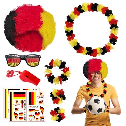 SGZIOO Juego de 7 piezas de fútbol de Alemania, diseño de fútbol EM 2025, con peluca, gafas de sol, silbato, guirnaldas