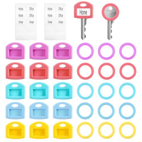 Jeffdad 30 fundas de silicona para llaves, protectores de llaves de colores, 2 estilos suaves y elásticos con etiquetas para escribir para organización, protector de llaves de casa (5 colores)