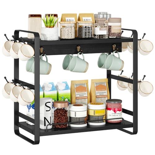 IBUYKE Organizador de Taza de Café, 2 Niveles de Soporte Tazas de Encimera de Cocina,Soporte Tazas Cafe de Madera Con 18 Ganchos,Organizador Accesorios Cafe Para Cocina de Casa, Oficina,Negro TBJ006B