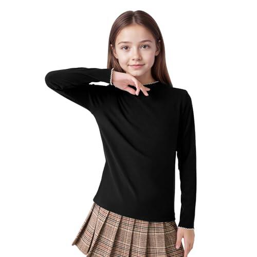Hoseay Camiseta Térmica Niñas, Manga Larga Cálido Capa Base Medio Cuello Alto con Borde Ondulado, Suaves Ajustado Camiseta Interior Pullover Casual Escuela para Infantil 7-8 Años, Negro