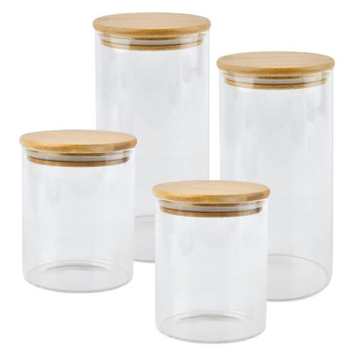 POUMUE 4 PCS Tarros de Cristal con Tapa Hermética, 800/1200ml Botes Cocina Almacenaje con Tapa de Bambú,Botes de Cristal con Tapa de Bambu,Frascos de Vidrio con Tapas para Pasta, Cereales, Alubias, Té