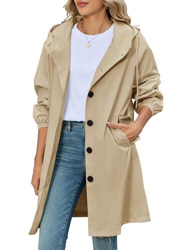 CMTOP Gabardina Mujer Larga con Capucha, Elegante Sola Botonadura Gabardinas Casual Ligera Trench Mujer, Cortaviento Abrigo Chaqueta con Bolsillos para Primavera Otoño(Gris Caqui,L)