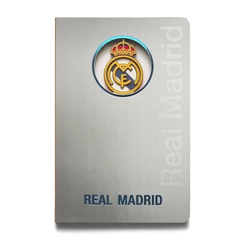 MOCIWORLD - Cuaderno Real Madrid con Escudo en 3D - Encuadernación con Lomo Textil y Acabados de Calidad - 120 páginas sin pautar - Color Gris - Tamaño A6