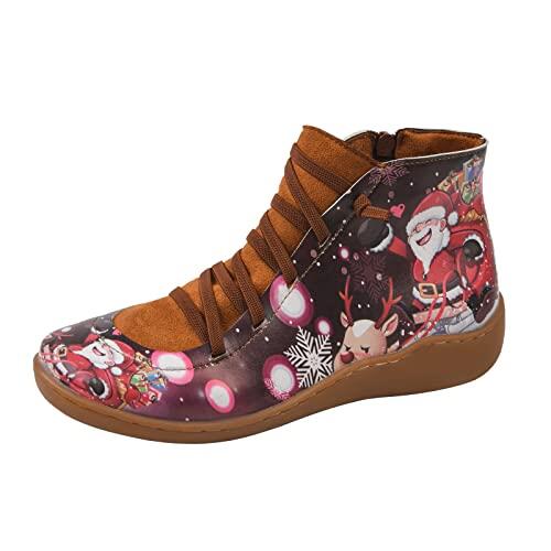 Cocila Zapatos De Mujer Botines Estampado Punta Plana Corta Navidad Cómodo Retro Cremallera Botas Invierno Altas Agua Media Caña Barefoot Piel Pitillos Tacon Planos Comodas Para Lluvia Forradas