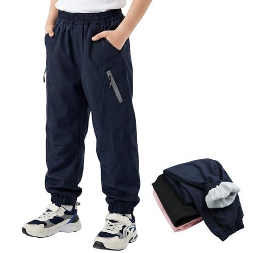 Domueay Pantalones Trekking Impermeables para niños, Transpirables Forro de Malla Pantalón con Bolsillos, Softshell Pantalones de para Senderismo Outdoor montaña, 12-13 años, Azul Marino