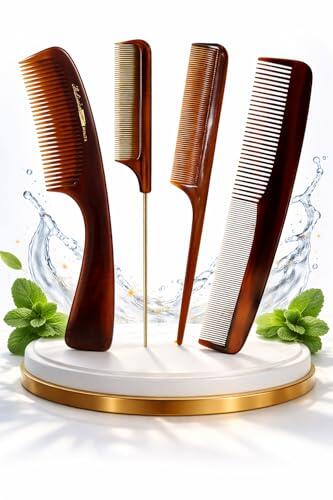 Peine antitirones de Peluqueria Profesional – Peine texturizador hombre y Mujer Fino, Corte – Hecho en España - Pack de 4 Peines Carey - Batidor, Escarpidor, Cola Metal, Cola Rata