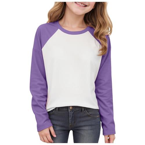Camiseta de manga larga para niños, camiseta de manga raglán, cuello redondo, casual, manga larga, suave, casual, capa base para niños (morado, 11-12 años)