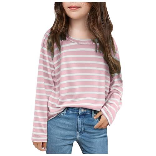 Camisas de manga larga para niñas, estilo casual, básica, cuello redondo, ajustada, suave, capa base, camiseta interior de algodón suave, camisa de peso medio para niñas (9-10 años), color rosa