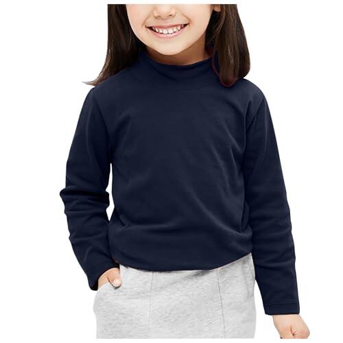 Camisa de manga larga para niños, cuello semialto, camisa base de algodón puro, elástica, cuello alto, ropa para niñas, camisetas lisas de manga larga (azul marino, 4-6 años)