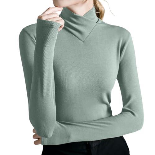 Generisch Jersey de invierno para mujer, tejido acanalado, cuello alto, manga larga, corte ajustado, capa base, elegante blusa informal, verde menta, L