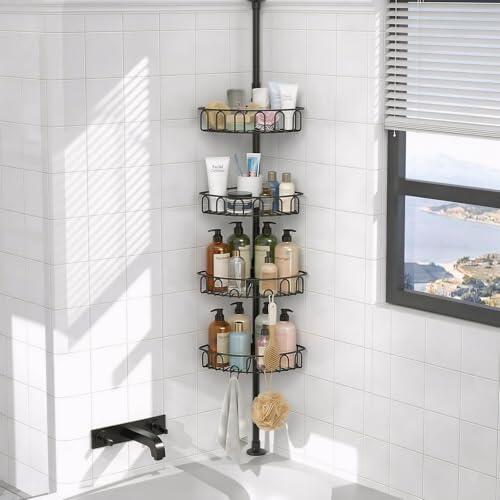 COSYLAND Estantería Telescópica para Baño, Ducha Esquinera Sin Taladro, Organizador de Metal con Altura Ajustable 86-318 cm, 4 Cestas, Negro