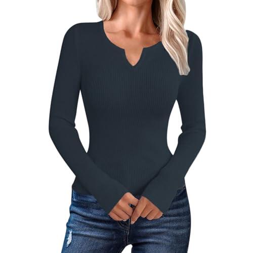 Generisch Jersey de punto para mujer, cuello en V, cálido, monocolor, invierno, manga larga, BU1, XL