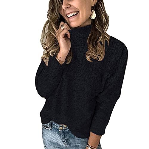 Generisch Mujer Invierno Cuello Alto Color Liso Manga Larga Casual Suelto Top Moda Ropa de Punto Cálido, Negro , XL