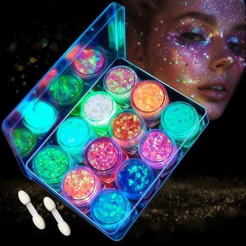 Gel de Purpurina Fluorescente 12 Colores, Glitter Facial, Fácil de Aplicar, Brillantina para Cara, Cuerpo, Cabello y Uñas, accesorios para Halloween, Carnaval, Festival y Fiestas