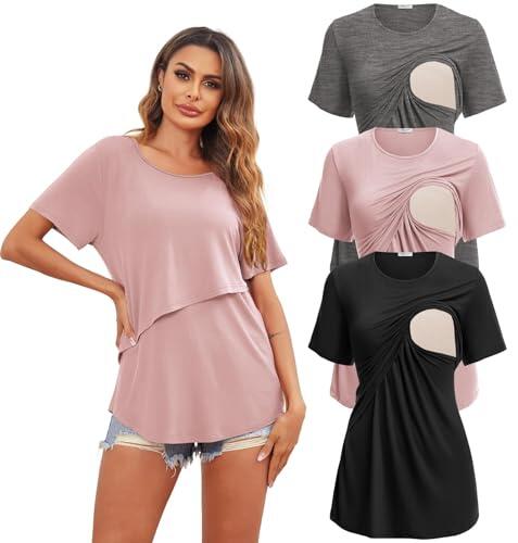 Ekouaer Juego de 3 Camisetas de Lactancia Modal Apertura de Lactancia Camiseta Corta para Embarazadas, Rosa + Gris Oscuro + Negro, L