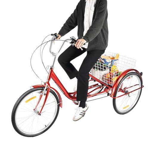WFIETN - Triciclo rojo para adultos, bicicleta de 3 ruedas de 24 pulgadas con cesta de la compra y luz, 6 velocidades bicicleta de carga para personas mayores Triciclos de altura ajustable de tres
