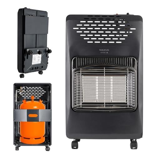 TAURUS Estufa de Gas Butano Plegable 4,2 kW con 3 Potencias y Ruedas | Calor infrarrojo, triple seguridad antivuelco, ODS y apagado de llama, encendido piezoeléctrico y bombona de hasta 15 kg