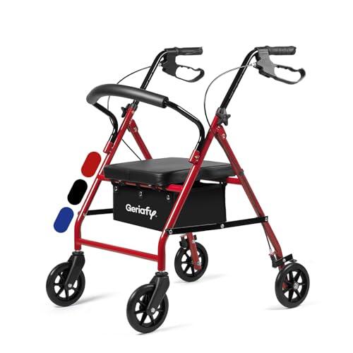 Geriafy - Andador plegable con Asiento y Frenos de Maneta | Modelo Lambda | Rollator de 4 Ruedas (15 cm) y Cesto | Caminador Ligero Regulable en Altura (Rojo)
