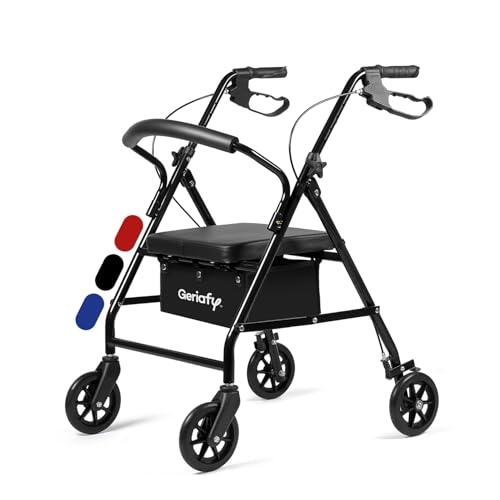 Geriafy - Andador plegable con Asiento y Frenos de Maneta | Modelo Lambda | Rollator de 4 Ruedas (15 cm) y Cesto | Caminador Ligero Regulable en Altura (Negro)