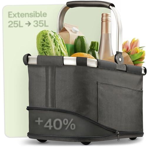 Praknu Cesta de La Compra Plegable Grande – 2 en 1 Expandible de 25L a 35L – Tejido Lavable – Estable con Marco de Aluminio y Base Reforzada – Bolsillos Extra Interiores y Exteriores – Negro