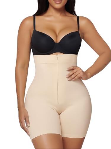 SHAPERX Shorts Moldeadores Mujer con Cremallera, Faja Cintura Alta Alta Compresión Control Abdomen, Pantalón Reductor No se Enrolla Invisible Shapewear, UK-SZ5820-Beige-L