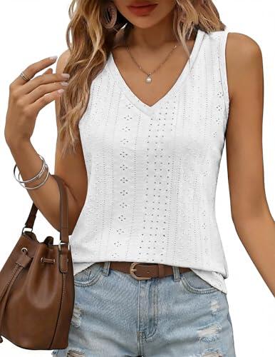 Zeagoo Camiseta Mujer Tirantes Blanca Verano Top Elegante Cuello V Casual Blusa sin Mangas Básica Casual Blanco M