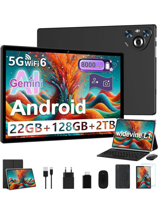 Tablet 10 Pulgadas Android, 22GB RAM+128GB ROM (1TB TF), CPU 8-Core, 8000mAh, Widevine L1, Dual WiFi, BT 5.0, Face ID, 5MP+8MP, con Carcasa MetÃlica, Teclado y Ratón (Negro)