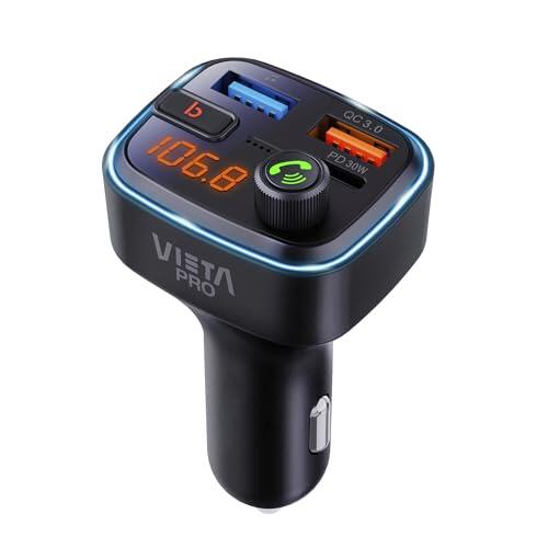 Transmisor FM Bluetooth Coche Vieta Pro, Manos Libres Adaptador Bluetooth 5.3, Cargador Coche inalámbrico con Carga Rápida QC3.0+USB-C, Reproductor MP3 para Radio Coche con Mechero