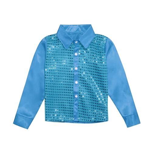 Camisa de baile con purpurina para carnaval, con cuello de solapa, camiseta de manga larga brillante, metálica, disfraz festivo, ropa de calle informal para niños y niñas, azul celeste, 9-10 años