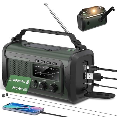 27000mAh Radio Emergencia, FM/Am Radios Solar y Recargable con Bluetooth 5.3/Alarma SOS/Brújula/Linterna, Radio De Dinamo para La Preparación Al Aire Libre para Desastres Naturales