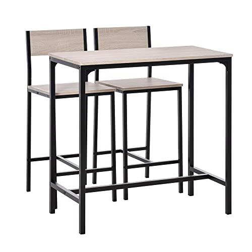 HOMCOM Conjunto Mesa Alta de Cocina con 2 Taburetes, Mesa de Bar Alta, Ahorro de Espacio, para Pisos Pequeños, Comedor, Balcón o Isla Cocina, Estilo Industrial, 89x45x87 cm, Natural y Negro