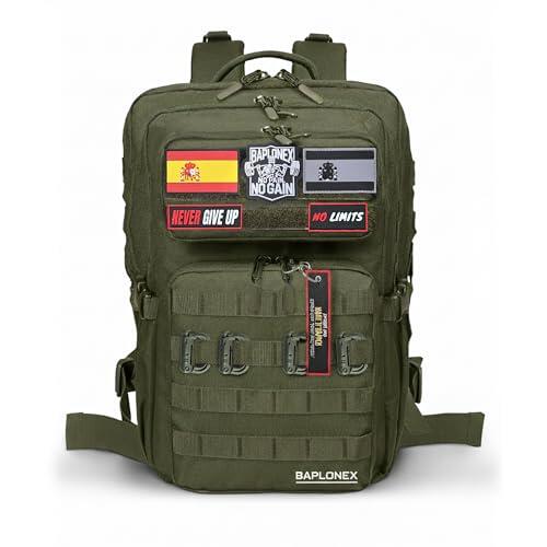 BAPLONEX®️ Mochila Militar 45L Tactica para Cross Training y Gimnasio + 5 Parches Mochila Militar + 4 Mosquetones + Llavero Exclusivo Mochila Tactica Entrenamiento y Supervivencia. (Verde)