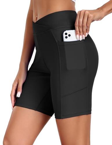 Ekouaer Shorts Bañadores Mujer Pantalones Cortos de Natación Bañador de Cintura Alta con Bolsillos Verano Bikini Short Adecuado para Playa Surf,Negro L