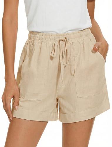 Enmain Pantalones Cortos Mujer Verano Lino Pantalon Corto Algodon Mujer Fluido Bermudas Cintura Elastica Shorts para Playa Deporte Trabajo Beige S