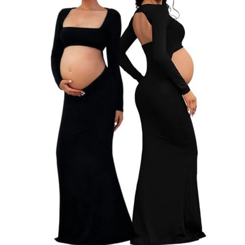 AOWVUTS Vestido Largo de Maternidad Mujer para Fotografia Vestidos Premamá Falda Larga Manga Cuello Cuadrado Vestidos de Embarazo Shooting Foto sin Espalda Maxi Vestido de Fiesta