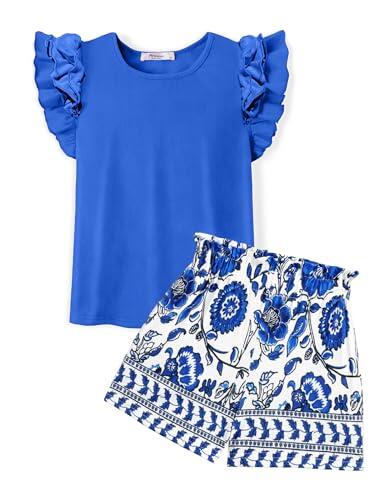 Arshiner Conjuntos para Niñas Azul Camiseta Sin Mangas Pantalones Cortos Conjunto de Ropa Dos Piezas Traje de Ocio para Niños Traje de Moda Ropa de Verano con Bolsillo 8-9 Años