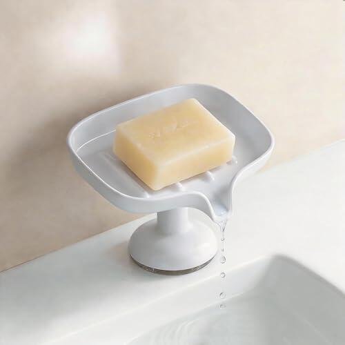 PAVSTINE Jabonera con Drenaje, Porta Jabón Potente Ventosa, Inclinación de 15 Grados, Shampoo Bar Holder Material ABS, Soap Dish para Cuarto De Baño, Lavabo, Cocina, Blanco