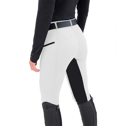 Chesoon - Pantalones de equitación para mujer con asiento completo, mallas de equitación con parche en la rodilla, pantalones escolares ecuestres de patchwork con bolsillos, blanco, M