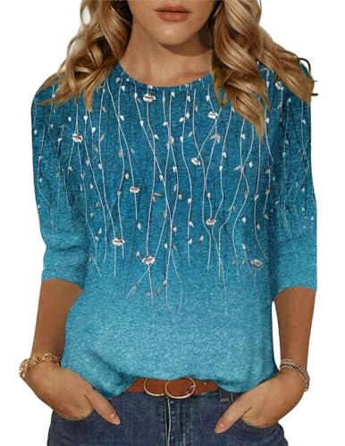 Zeagoo Camiseta de Manga Blusas 3/4 para Mujer Tops básica de Cuello Redondo Casual Verano Azul Verde M