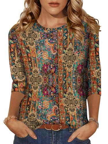 Zeagoo Camiseta para Mujer Ligera Manga 3/4 Top Elegante Cuello Redondo T Shirt Verano Básico Blusa Retro Floral XL