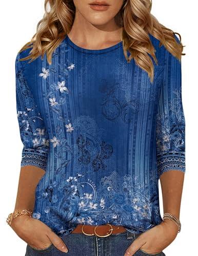 Zeagoo Blusas para Mujer Camiseta de Manga 3/4 Ligeras de Cuello Redondo Tops de Verano Azules Flores L