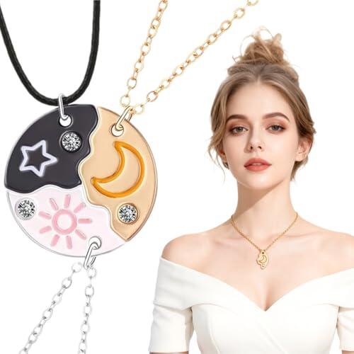 YAZWUR 3 PCS Collar de Amistad para Niñas y Mujeres con Imán Puzzle Sol Luna Estrella Mejores Amigas Regalo (Tres Colores)