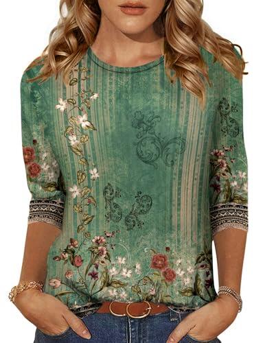 Zeagoo Camiseta de Mujer con Cuello Redondo y Manga 3/4 Blusa de Verano Top Casual Elegante Trabajo Verde L