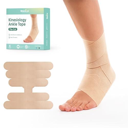 Cinta adhesiva para tobillo de kinesiología deportiva Welnove, soporte para la comodidad y estabilidad del tobillo, impermeable, flexible (Beige, paquete de 4)